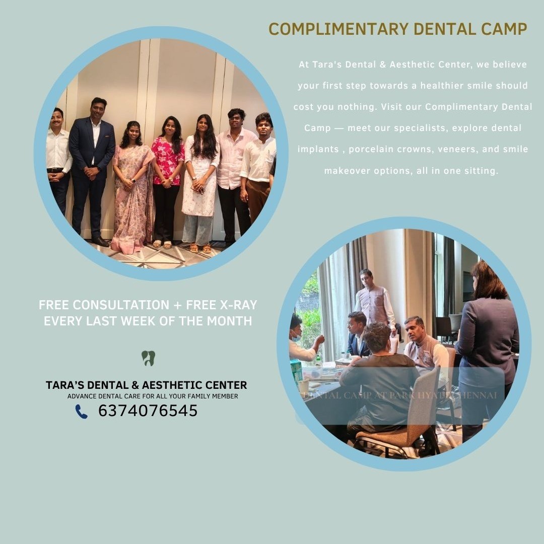 Complimentary Dental Camp — Every Last Week of the Month

Tara's Dental & Aesthetic Center, Velachery
Every last week of the month, we open our clinic for a complimentary dental camp for patients in Velachery and South Chennai.
Patients can walk in for:

✅ Dental consultation with a specialist

✅ Dental X-ray

✅ Wisdom tooth removal assessment

✅ Dental implants suitability evaluation

✅ Root canal treatment consultation

✅ Tooth pain diagnosis

✅ Cosmetic dentistry & smile assessment
This camp is open to anyone searching for a dentist near me, a dental clinic in Velachery, or tooth pain treatment in Velachery — no prior appointment needed.
Our clinic has specialists in Implantology, Endodontics, Periodontics, Orthodontics, and Oral Surgery — all in one dental clinic in Velachery, Chennai.
Free consultation and dental X-ray available during camp days.
📍 18A, 5th Cross Street, Rajalakshmi Nagar, Velachery, Chennai – 600042

🌐 tarasdental.in
#Velachery #Chennai #SouthChennai #VelacheryChennai #RajalakshmiNagar #TamilNadu#WisdomToothRemoval #DentalImplants #RootCanalTreatment #CosmeticDentistry #ToothPain #PainlessRootCanal #SmileMakeover #TeethWhitening #ZirconiaCrown #DentalVeneers