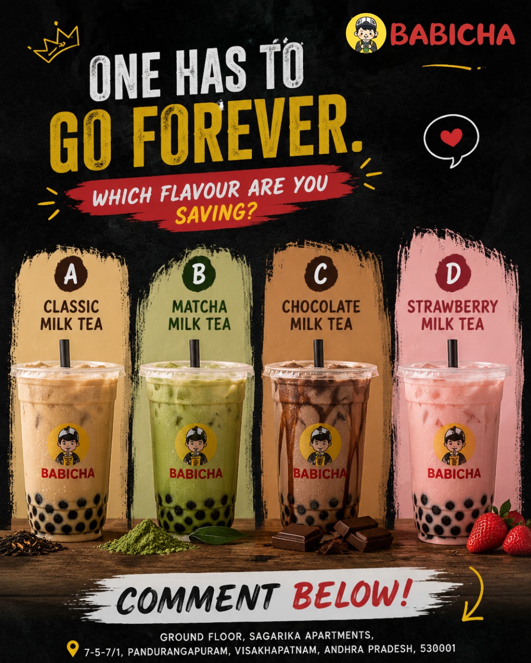 ⚠️ Warning: This comment section might start a war. 😂
You can save "ONLY ONE" Babicha flavour.
The other three are gone... forever. 😭
🧋 A. Classic Milk Tea
🍵 B. Matcha Milk Tea
🍫 C. Chocolate Milk Tea
🍓 D. Strawberry Milk Tea
No "all of them."
No changing your answer.
Drop your pick in the comments and let's see which flavour wins. 👇🔥
Tag that friend who's about to defend their favourite flavour with their life. 😏
#Babicha #BubbleTea #Vizag #Visakhapatnam #BubbleTeaLovers