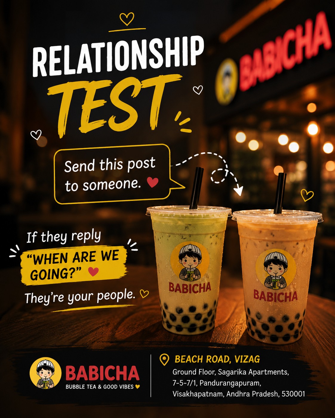 Send this to someone.
If they reply, "When are we going?"
They're your people. 🧋❤️

Tag them below. 👇

#babicha #couplegoals #v#vizagdiaries