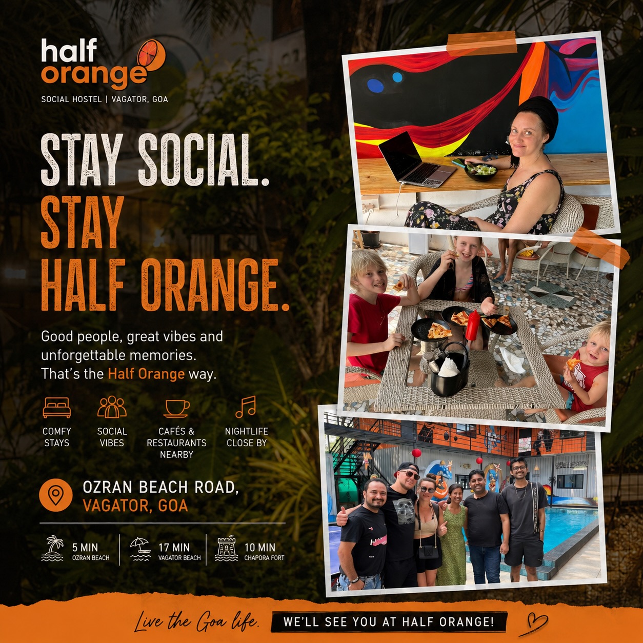STAY SOCIAL. STAY HALF ORANGE. 

Introducing you to the new bag packer hotspot in goa! We welcome you to comfy dorms, private rooms, a swimming pool, cafe and restaurant, and many more fun things you should come find out! 🥳🏖️

See you soon at half orange! 

#vagator #hostelingoa #hotelingoa #goaitenary #ozran